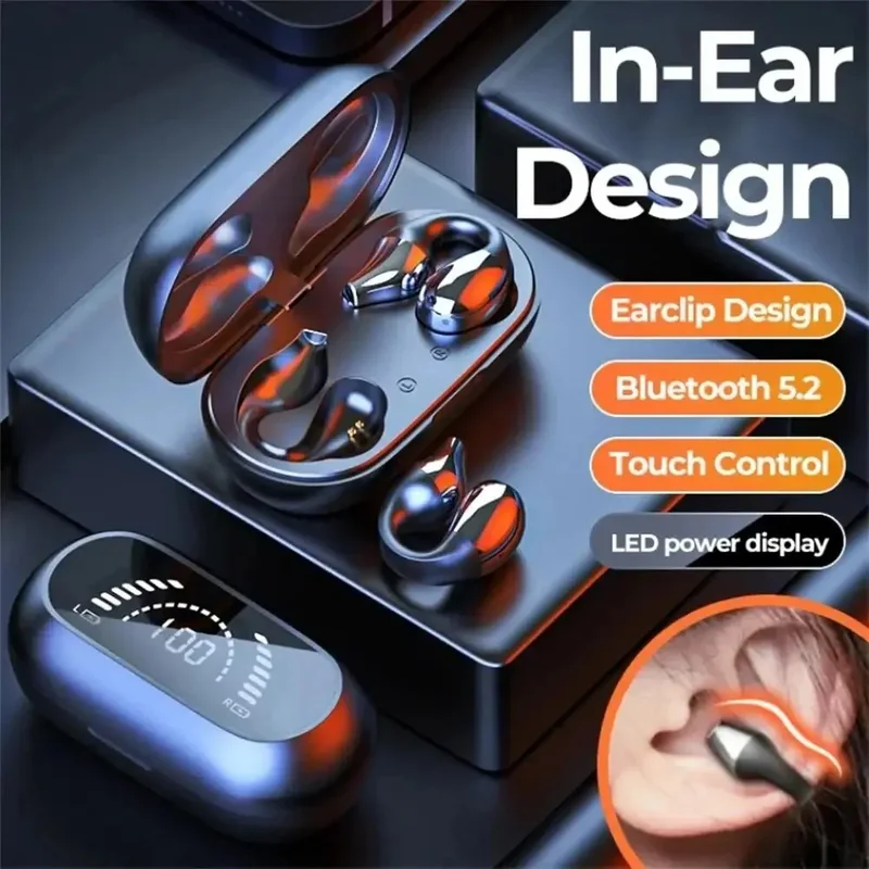 Sunfler TWS Wireless Headphones Bluetooth 5.2 Bone Conduction Earphones Earclip Design Touch Control LED In Ear Earbuds Sports Headsets
